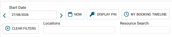 Formbird booking controls with start date, Now, Display PIN, My Booking Timeline, locations and resource search
