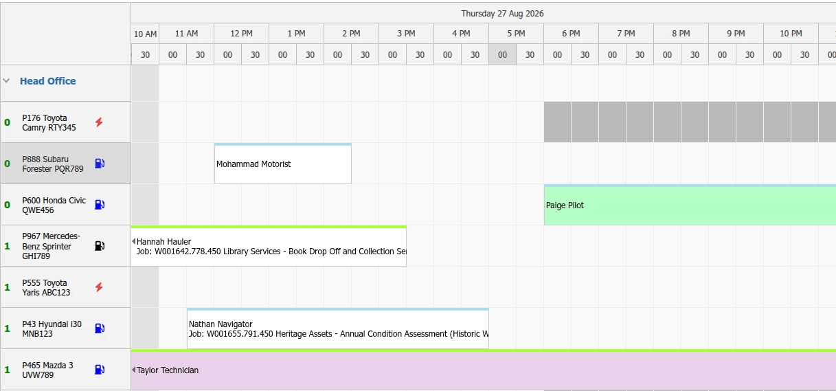 Actual Formbird booking calendar with vehicle list, booked time blocks and availability