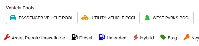 Vehicle pools including passenger vehicle pool, utility vehicle pool and west parks pool, with fuel and asset status legend