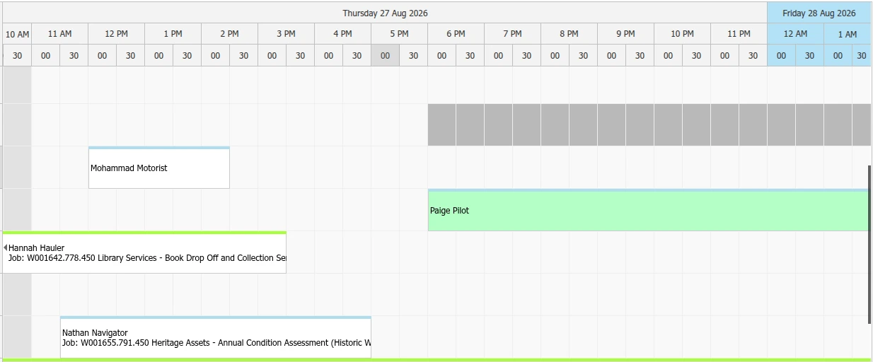 Cropped real Formbird booking timeline showing different appointments across vehicle rows and hourly time slots