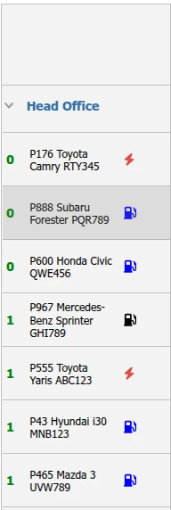 Actual Formbird vehicle list showing vehicle details and fuel type icons